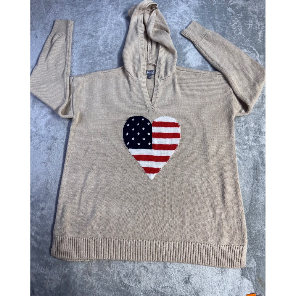 Marled Tan Knit American Flag Heart Hoodie Sweater Womens Patriotic V-Neck